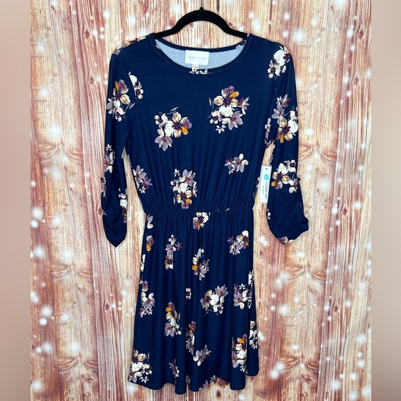 French Grey Navy Murphy Brushed Knit Dress Size Medium Elastic Cinched Waist NWT - Picture 2 of 8